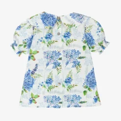 Girls White & Blue Floral Cotton Blouse