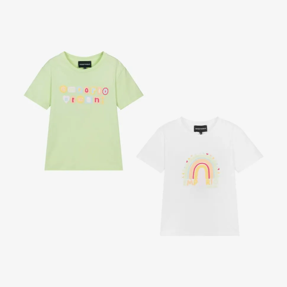 Girls White & Green Cotton T-Shirts (2 Pack)