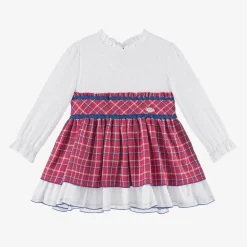 Girls White & Pink Check Dress