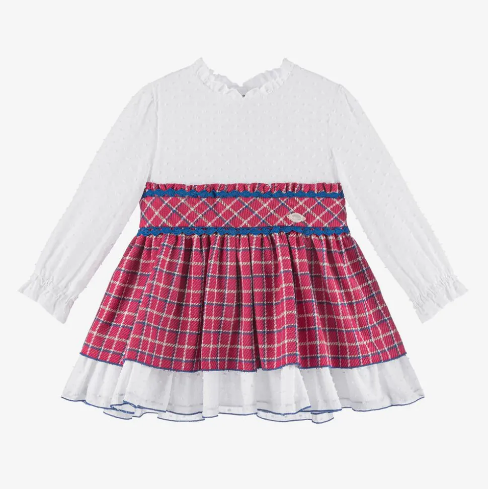 Girls White & Pink Check Dress