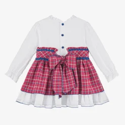 Girls White & Pink Check Dress