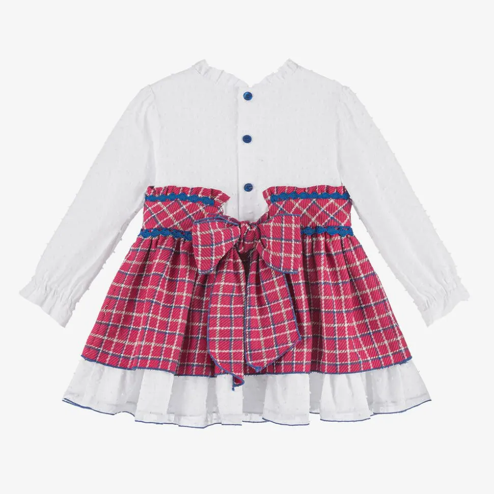 Girls White & Pink Check Dress