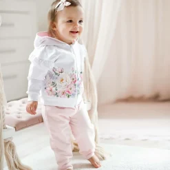Girls White & Pink Cotton Tracksuit