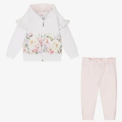 Girls White & Pink Cotton Tracksuit