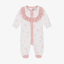 Girls White & Pink Cotton Babygrow