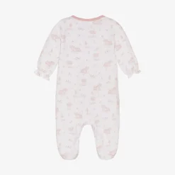 Girls White & Pink Cotton Babygrow