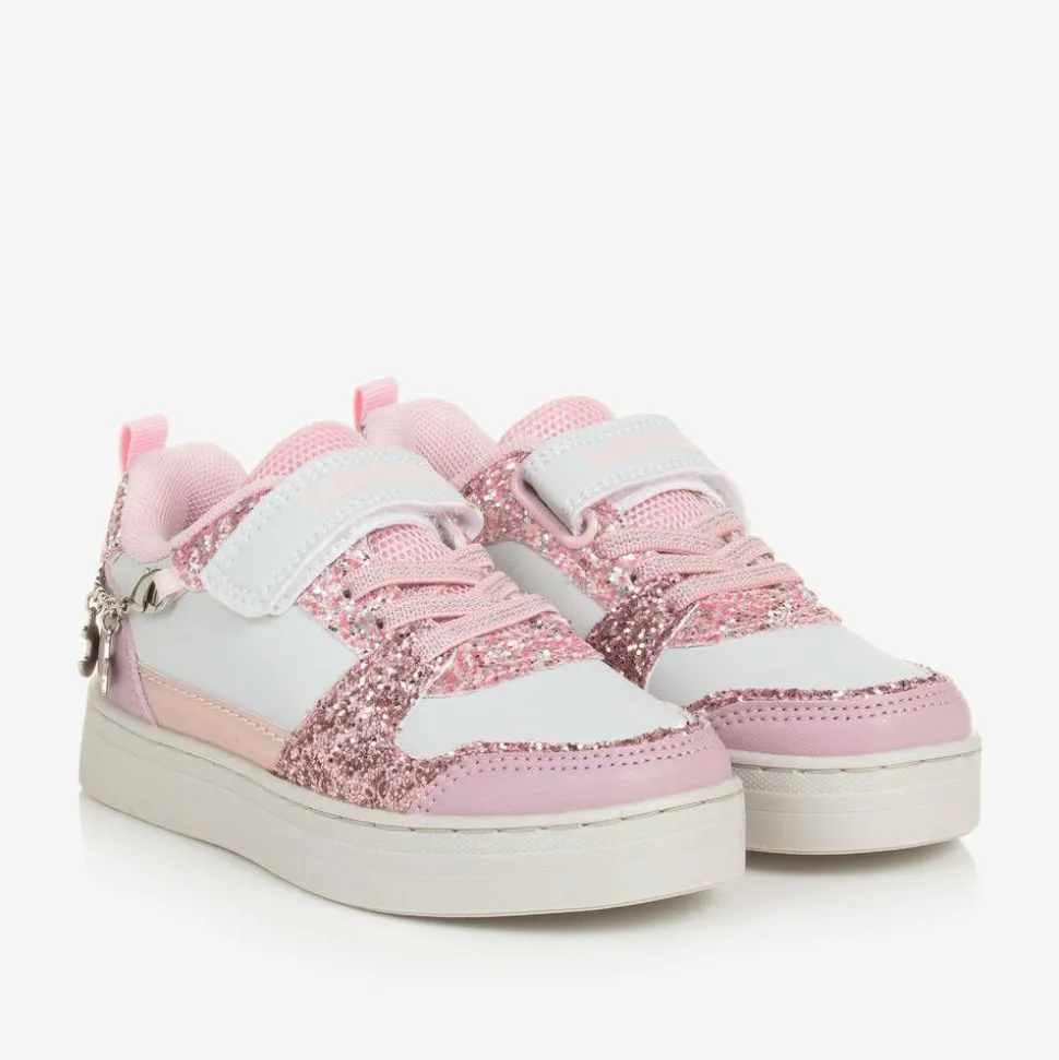 Girls White & Pink Glitter Velcro Trainers