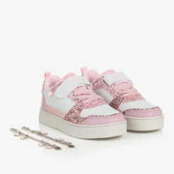 Girls White & Pink Glitter Velcro Trainers