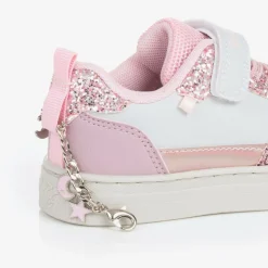 Girls White & Pink Glitter Velcro Trainers
