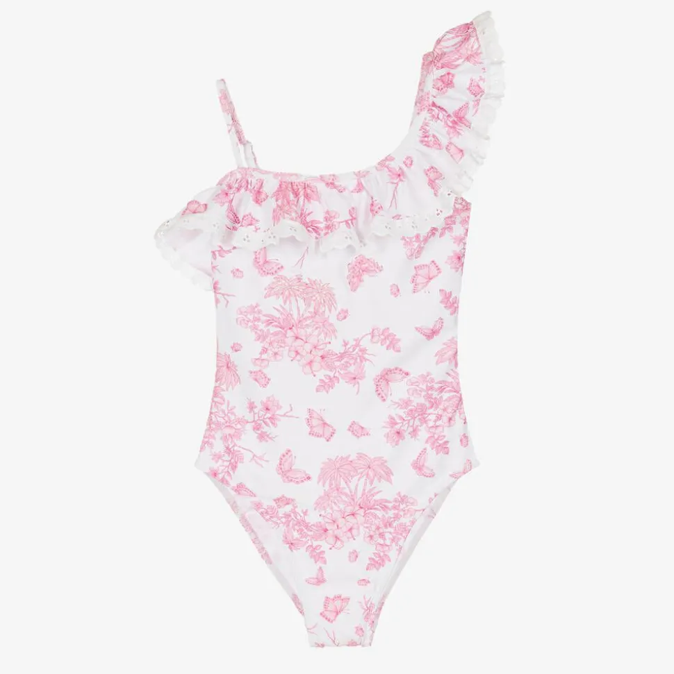 Girls White Beaded & Ruffle Swimsuit