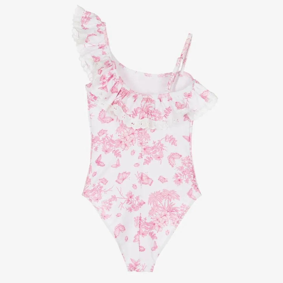 Girls White Beaded & Ruffle Swimsuit