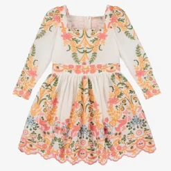Girls White Cotton Embroidered Floral Dress