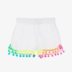 Girls White Cotton Pom-Pom Shorts