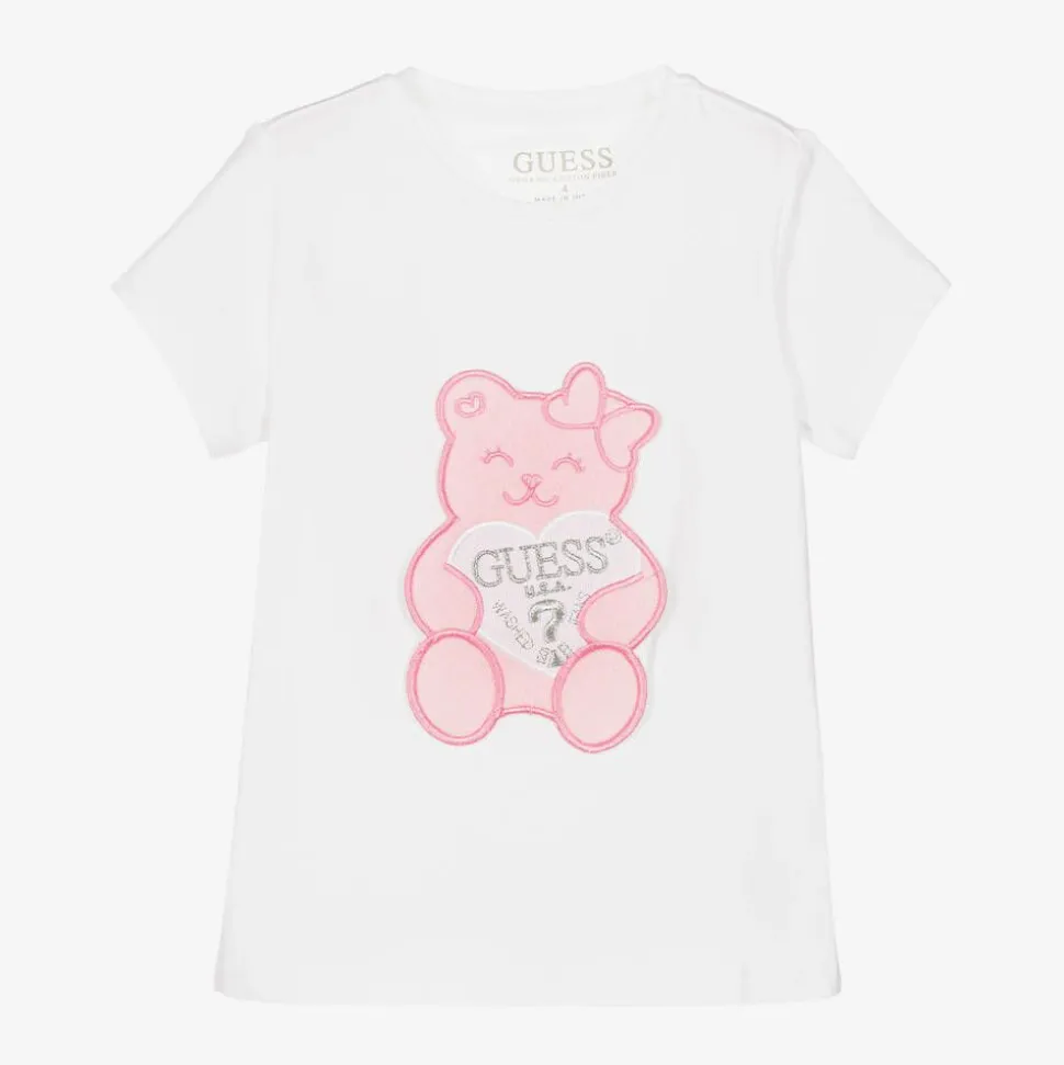Girls White Cotton Teddy Bear T-Shirt