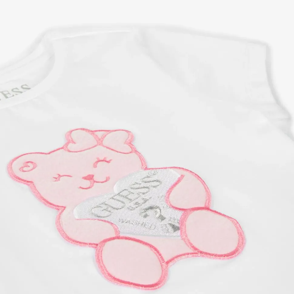 Girls White Cotton Teddy Bear T-Shirt