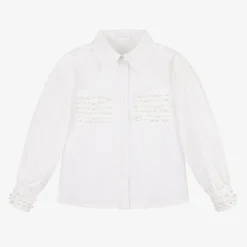 Girls White Embellished Cotton Shirt