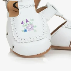Girls White Embroidered Floral Leather Shoes