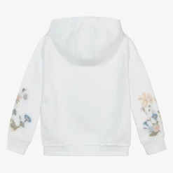 Girls White Flower Print Cotton Hoodie