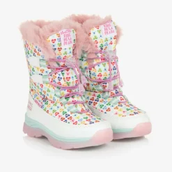 Girls White Heart Print Snow Boots