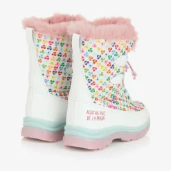 Girls White Heart Print Snow Boots