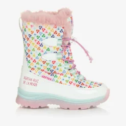 Girls White Heart Print Snow Boots