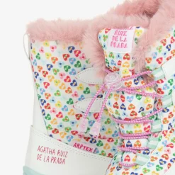 Girls White Heart Print Snow Boots