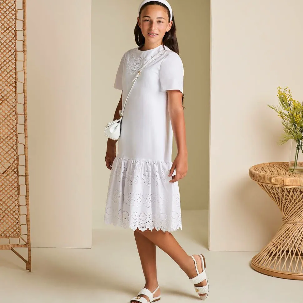 Girls White Leather Crochet Sandals