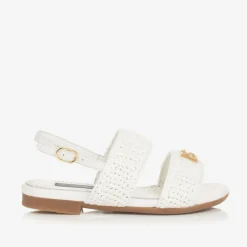 Girls White Leather Crochet Sandals
