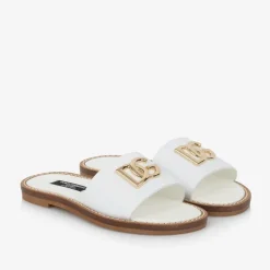 Girls White Leather DG Sliders