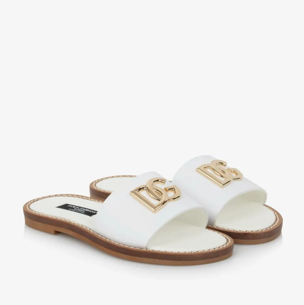 Girls White Leather DG Sliders