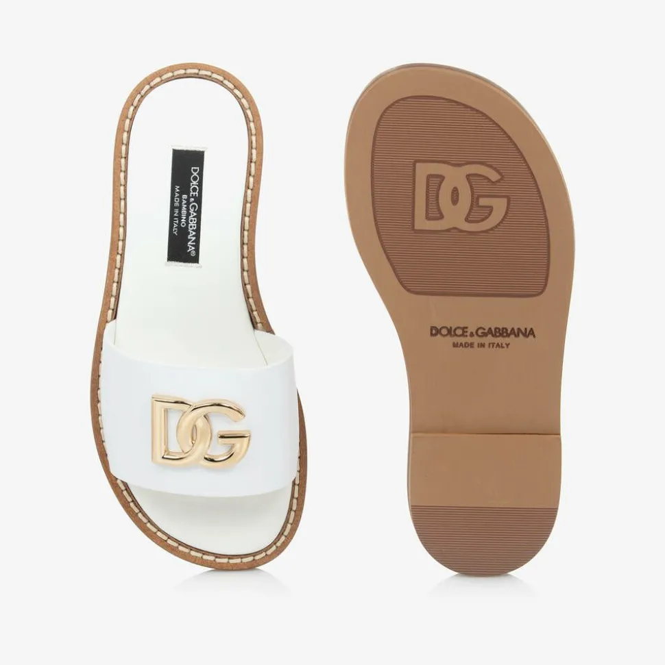 Girls White Leather DG Sliders