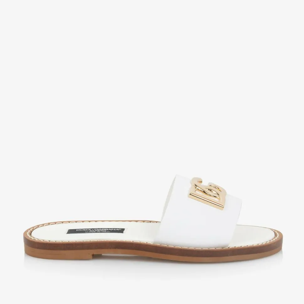 Girls White Leather DG Sliders