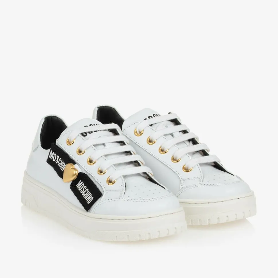 Girls White Leather Lace-Up Trainers