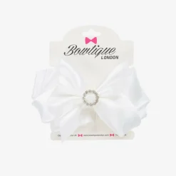 Girls White Satin Bow Hair Clip (10cm)