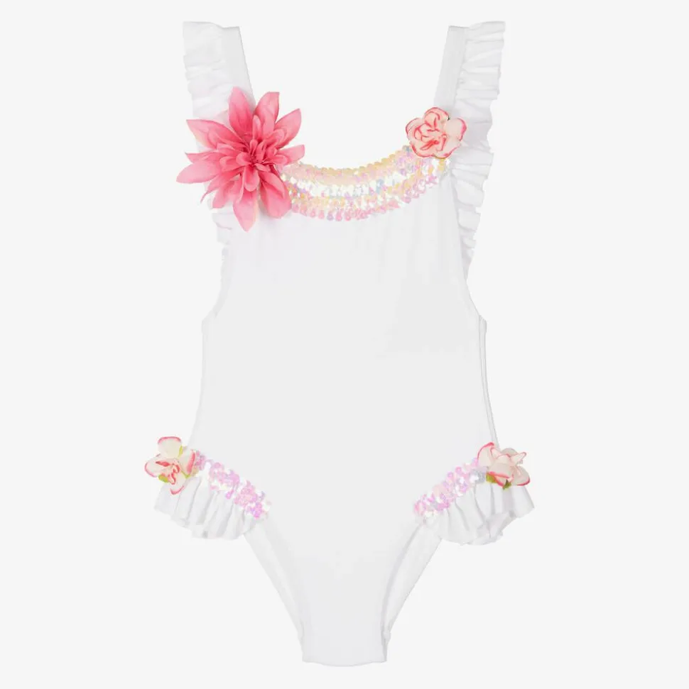 Girls White Sequin & Floral Swimsuit