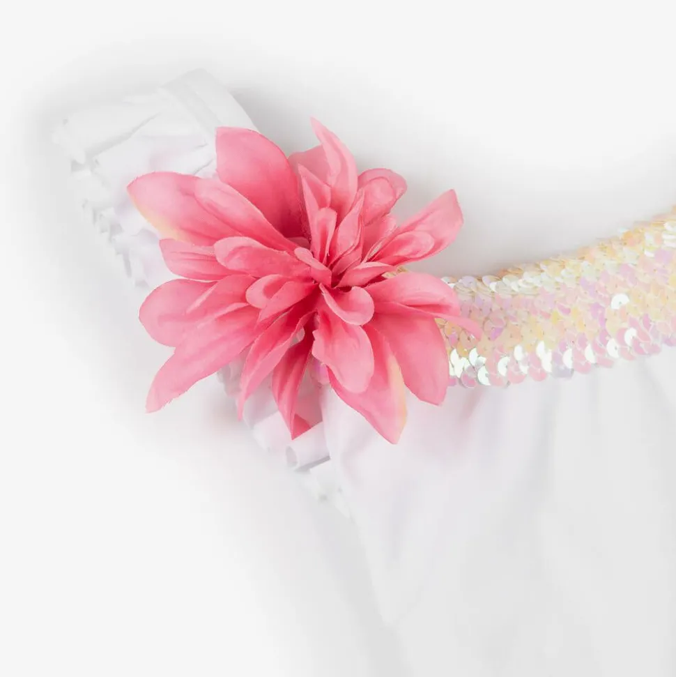 Girls White Sequin & Floral Swimsuit