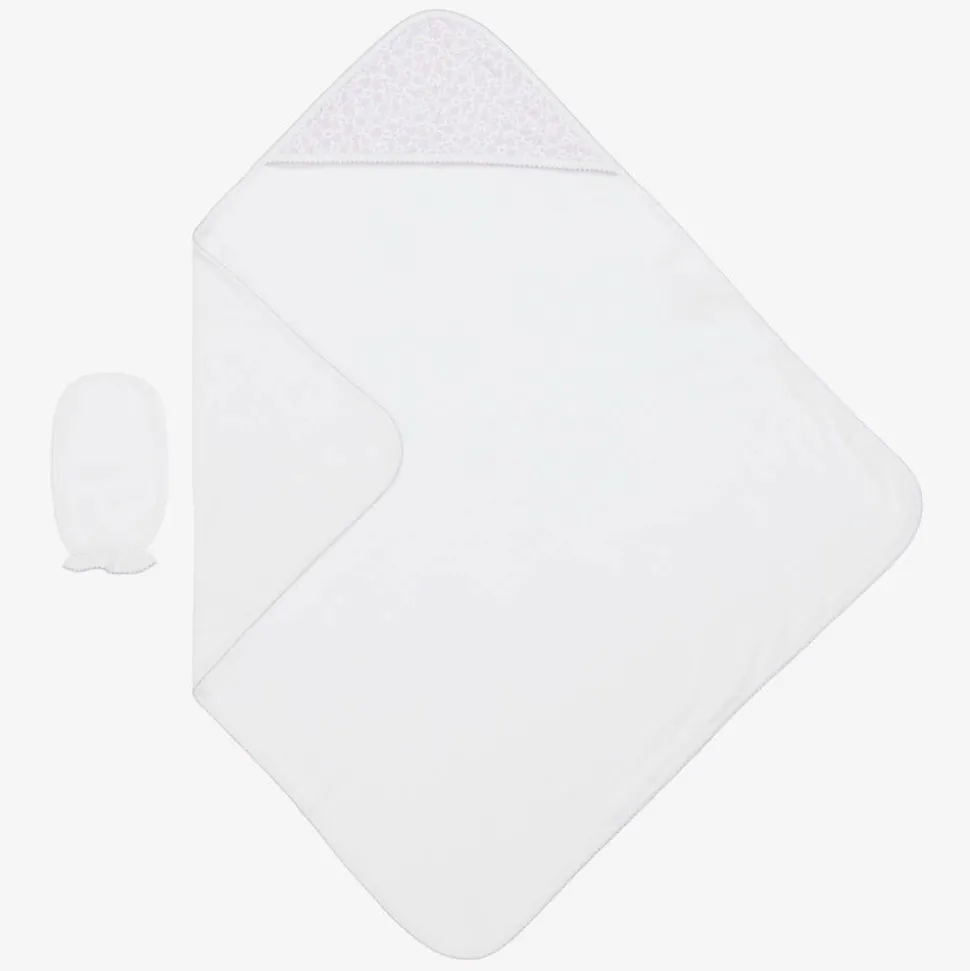 Girls White Summer Gardens Hooded Towel & Mitt Set