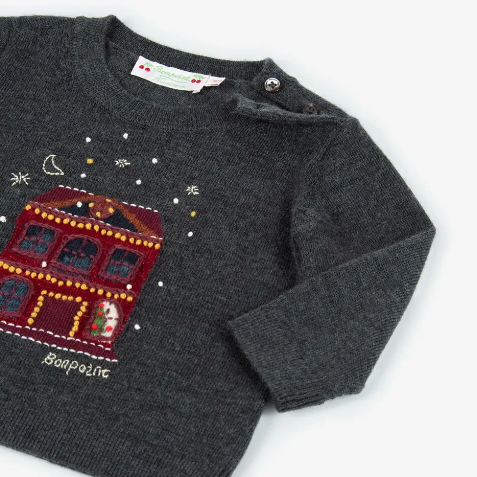 Grey Embroidered Wool Sweater