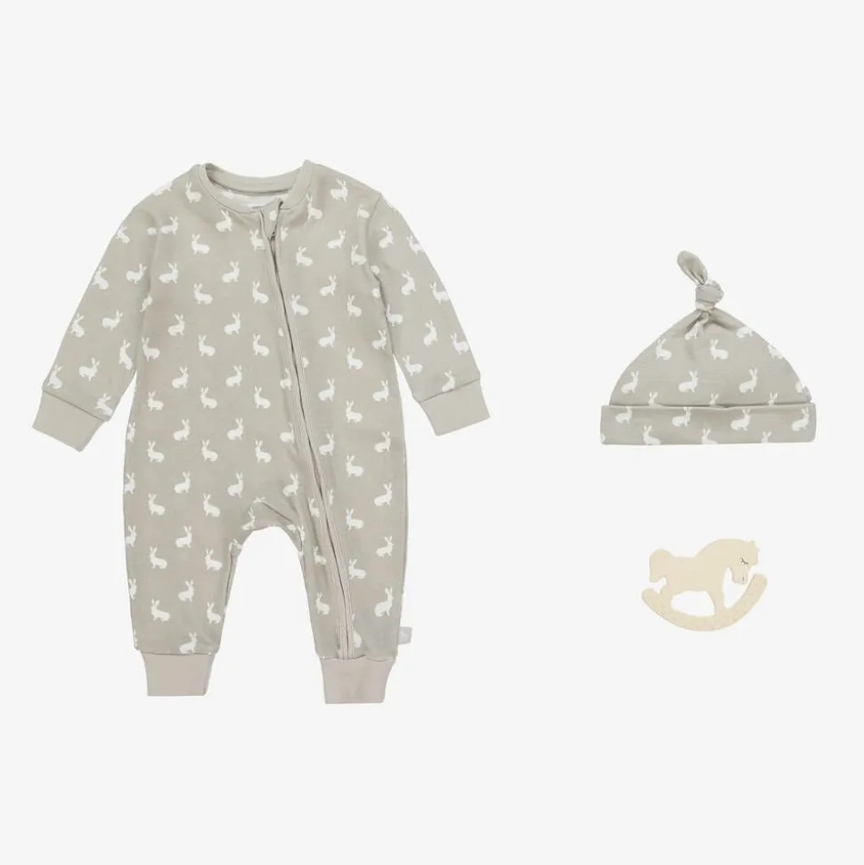Grey Hare Print Cotton Babysuit Set