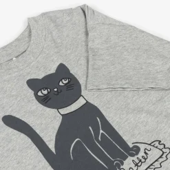 Grey Marl Organic Cotton Cat Print T-Shirt