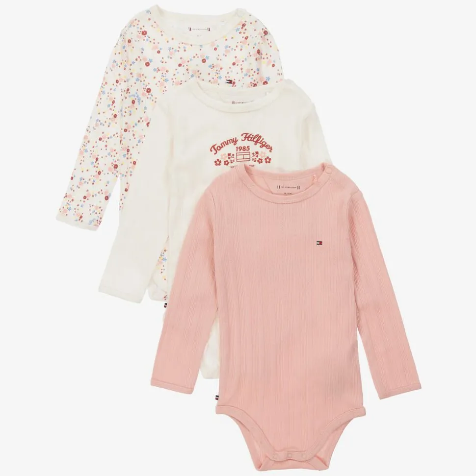 Ivory & Pink Cotton Baby Bodysuits (3 Pack)