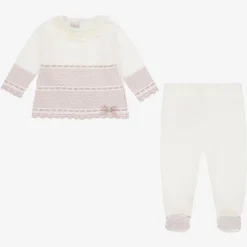 Ivory & Pink Merino Wool Knitted 2 Piece Babygrow