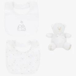 Ivory Cotton Baby Bibs & Bear Gift Set