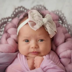 Large Pink Bow with Gold Lace & Pearls Headband