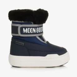 Navy Blue Faux Fur Trim Velcro Boots