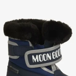 Navy Blue Faux Fur Trim Velcro Boots