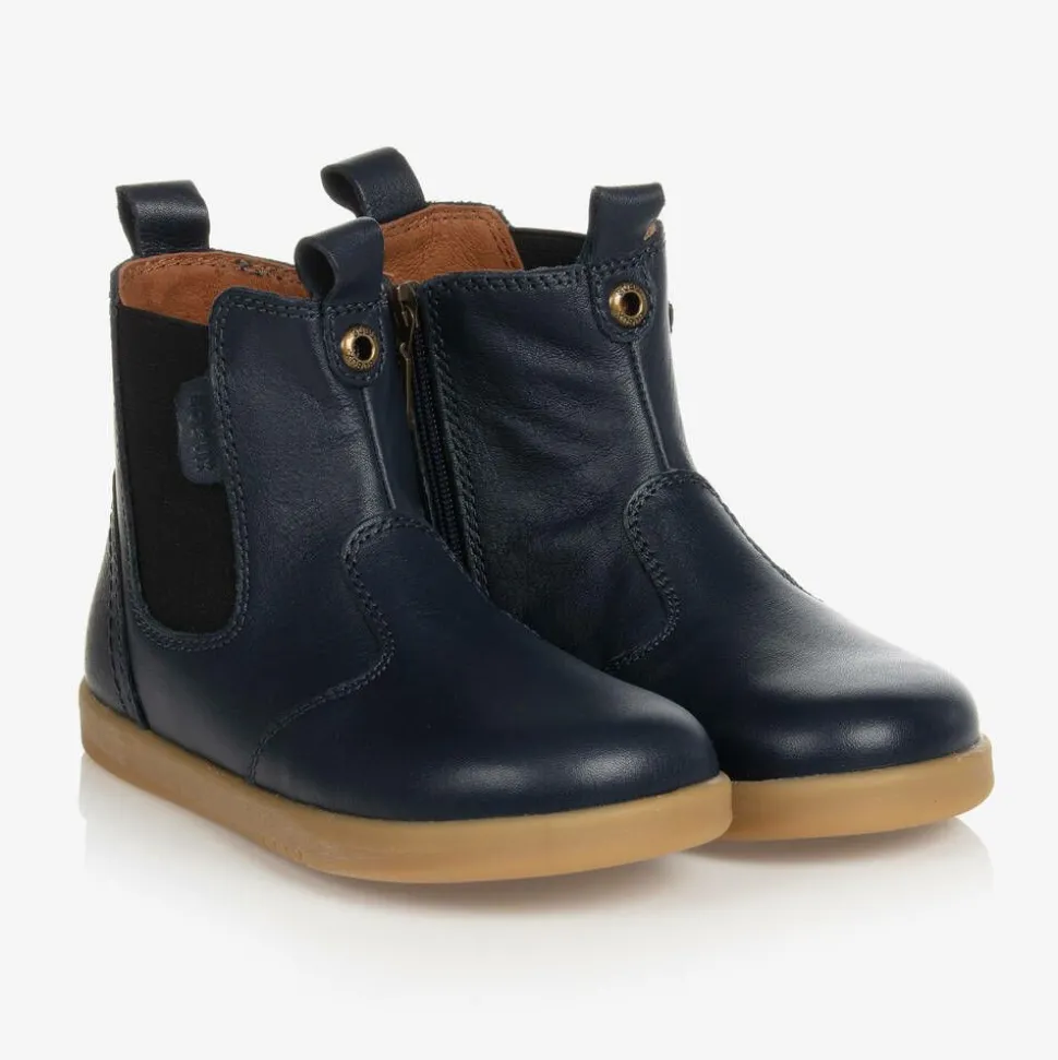 Navy Blue Leather Ankle Boots