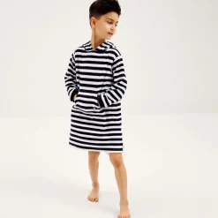 Navy Blue Stripe Cotton Towelling Robe