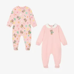 Pink Teddy Bear Cotton Babygrows (2 Pack)