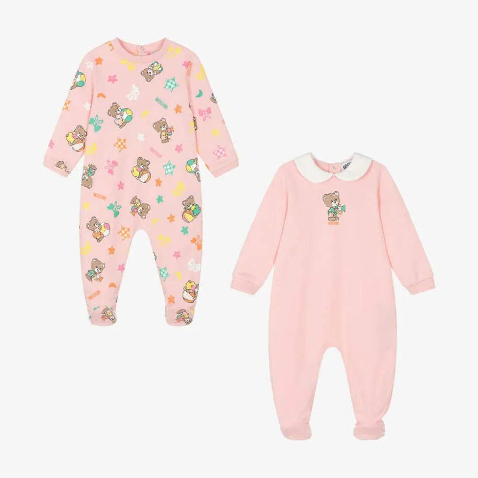 Pink Teddy Bear Cotton Babygrows (2 Pack)